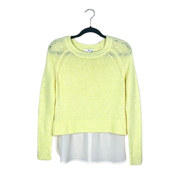 SOH Sweaters - SOH Yellow Cashmere Linen Knit Sweater Layered Silk Blouse Crewneck Pullover